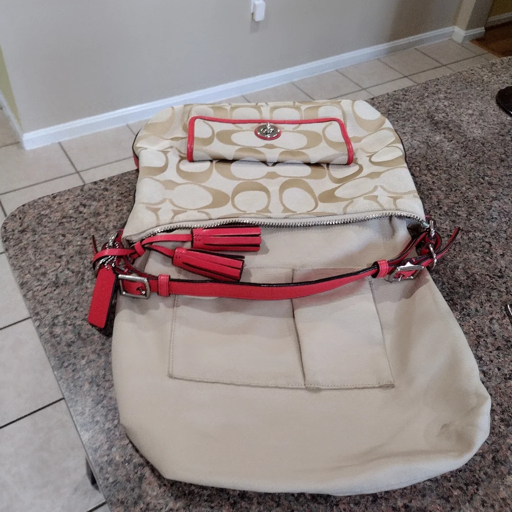 Coach Legacy Signature Courtney Hobo Bag Khaki and Coral Style #22392